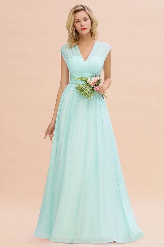 Elegant Long Chiffon V-Neck Sleeveless A-line Bridesmaid Dress-BIZTUNNEL