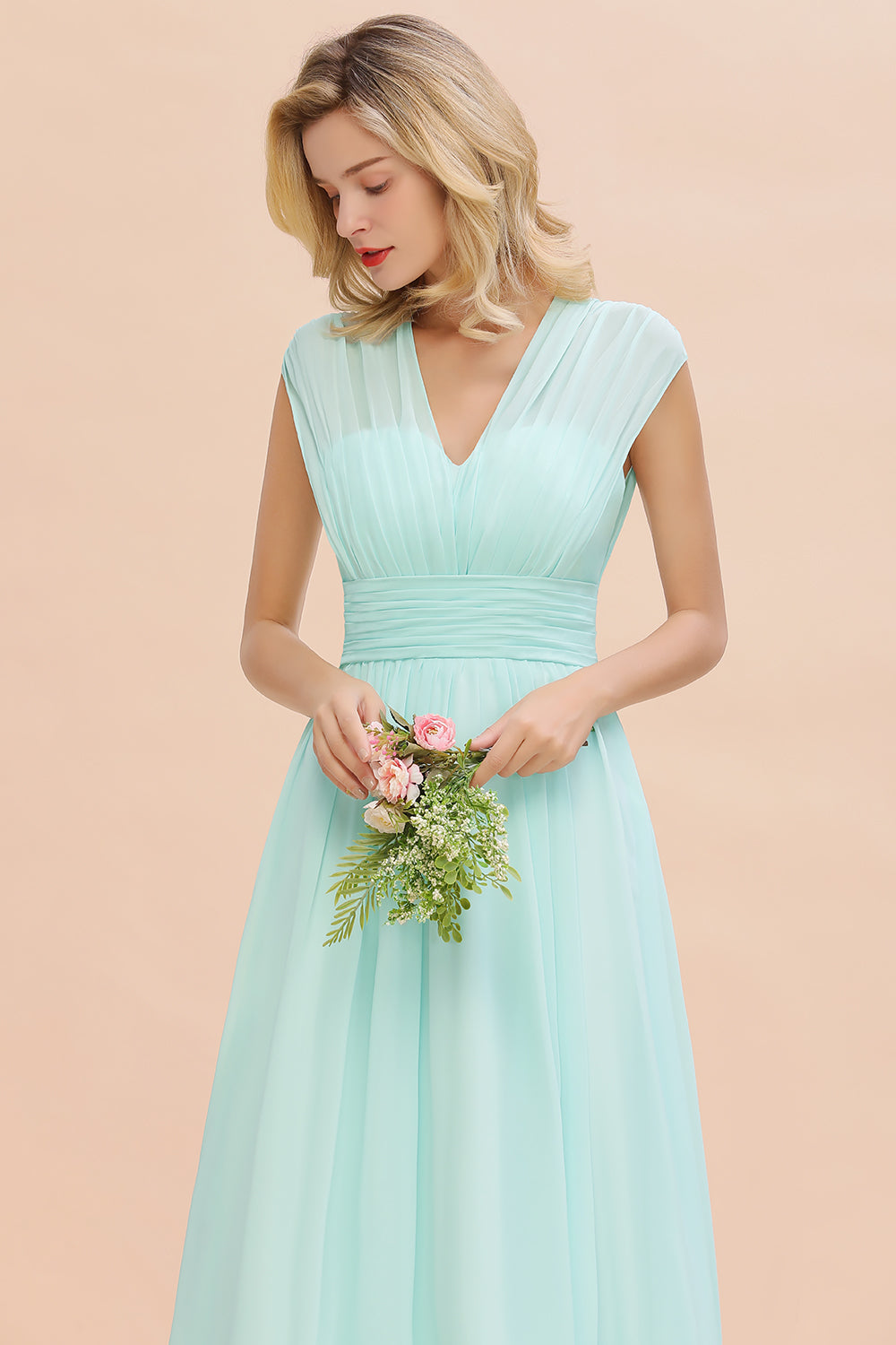 Elegant Long Chiffon V-Neck Sleeveless A-line Bridesmaid Dress – BIZTUNNEL
