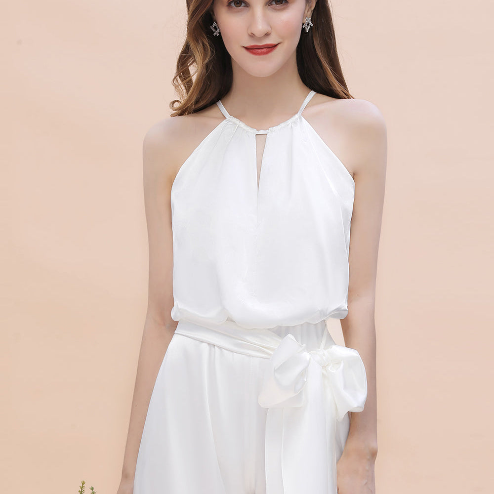 Elegant Long Halter White Bridesmaid Dress Jumpsuit with Bowknot