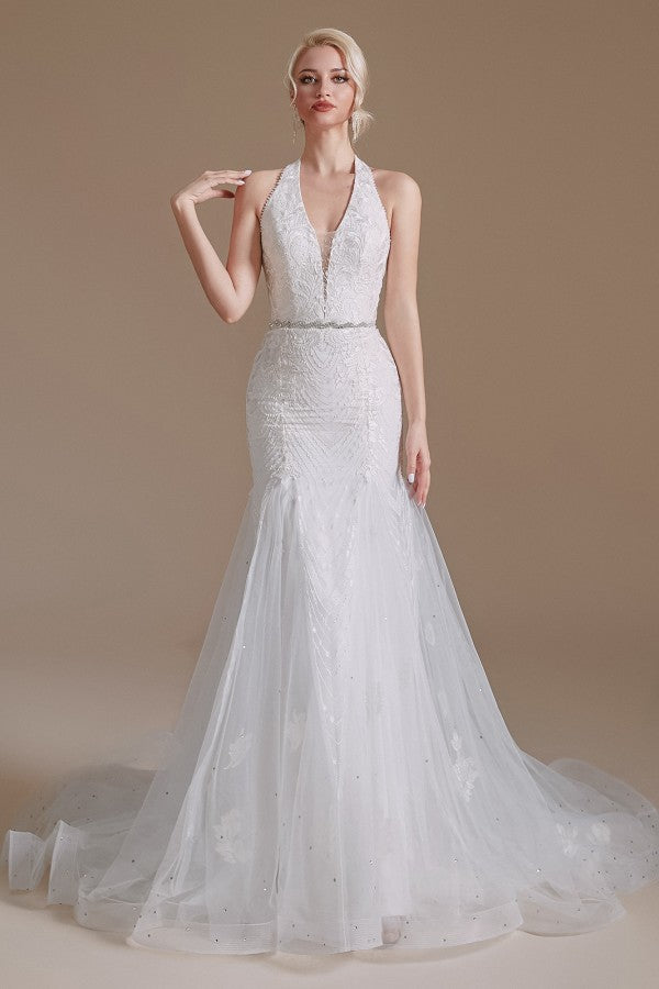 Load image into Gallery viewer, Elegant Long Mermaid Halter Tulle Floor-Length Wedding Dress with Appliques Lace-BIZTUNNEL
