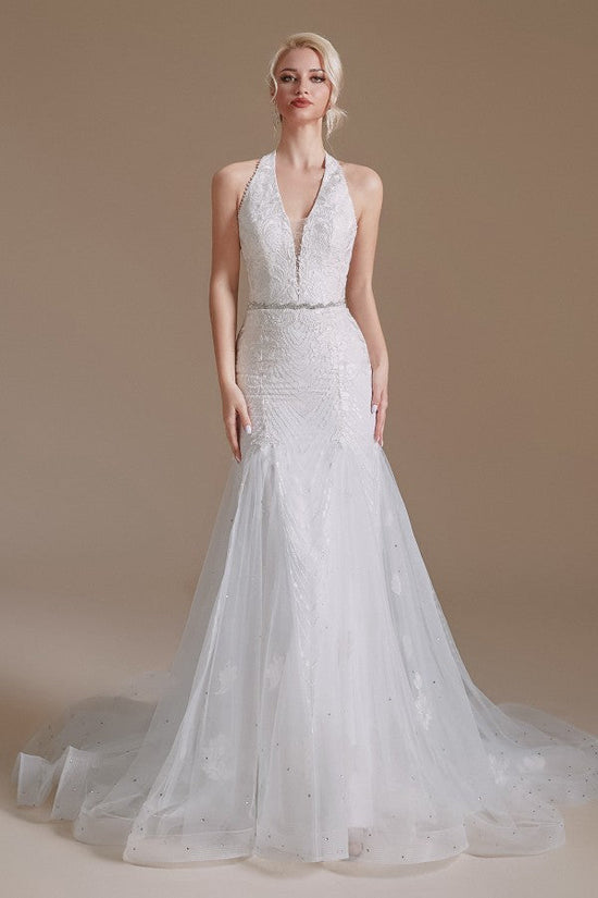 Carregar imagem no visualizador da galeria, Elegant Long Mermaid Halter Tulle Floor-Length Wedding Dress with Appliques Lace-BIZTUNNEL
