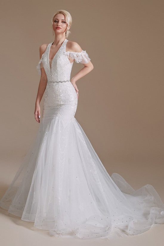 Load image into Gallery viewer, Elegant Long Mermaid Halter Tulle Floor-Length Wedding Dress with Appliques Lace-BIZTUNNEL
