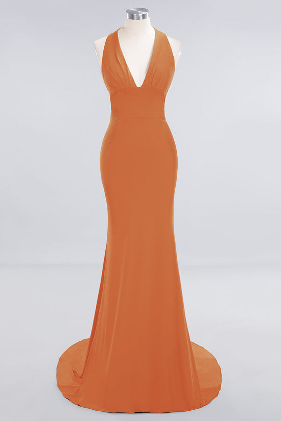Elegant Halter Mermaid Jersey Steel Grey Long Bridesmaid Dresses Online, BG756