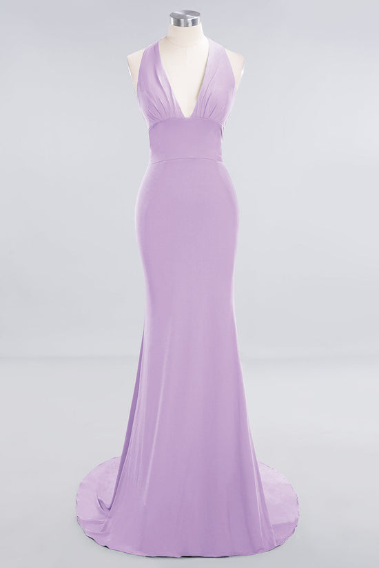 Elegant Halter Mermaid Front Slit Jersey Blush Long Bridesmaid Dresses Online, BG761