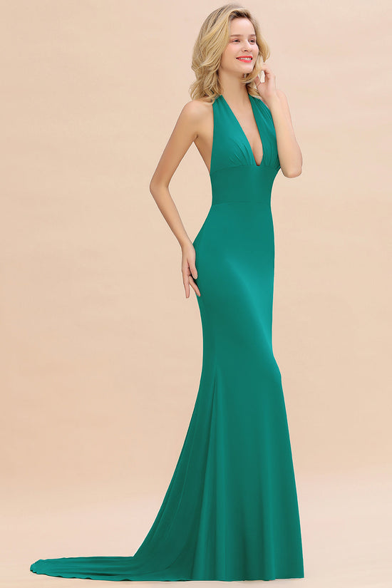 Elegant Long Mermaid Halter V-neck Backless Bridesmaid Dress-BIZTUNNEL