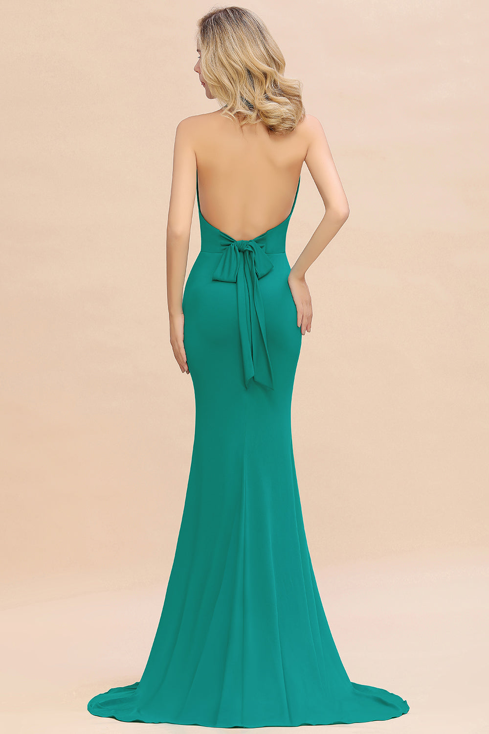 Elegant Long Mermaid Halter V-neck Backless Bridesmaid Dress-BIZTUNNEL