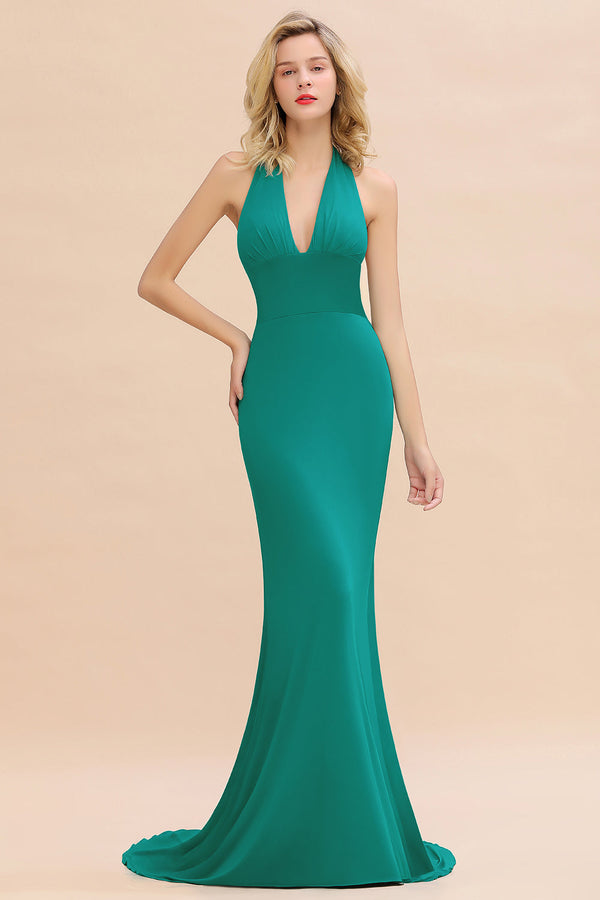 Elegant Long Mermaid Halter V-neck Backless Bridesmaid Dress-BIZTUNNEL