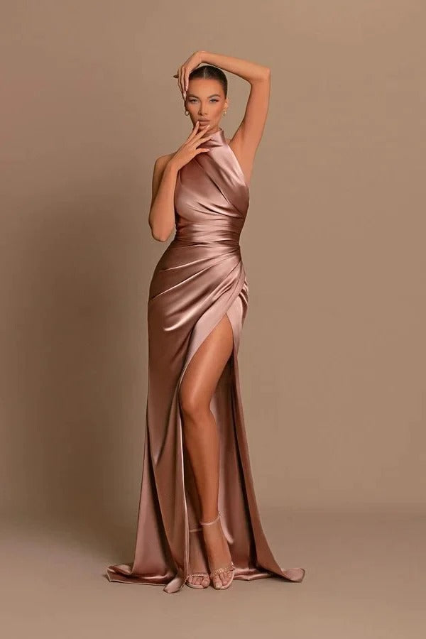 Cargar imagen en el visor de la Galería, Elegant Long Mermaid High Neck Satin Formal Prom Dress With Slit-BIZTUNNEL
