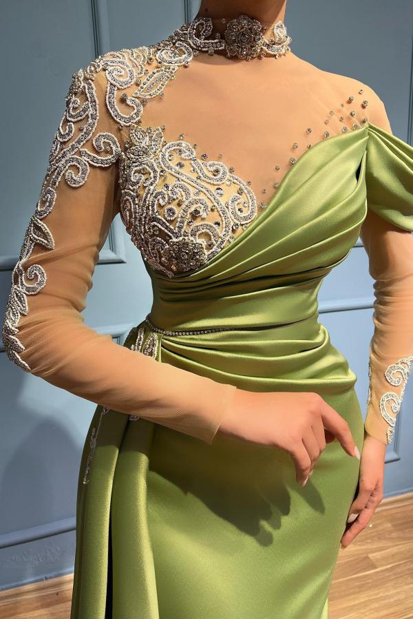Carregar imagem no visualizador da galeria, Elegant Long Mermaid High Neck Satin Lace Prom Dresses with Sleeves-BIZTUNNEL
