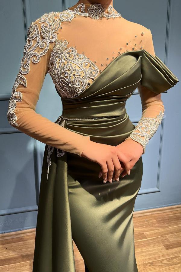 Carregar imagem no visualizador da galeria, Elegant Long Mermaid High Neck Satin Lace Prom Dresses with Sleeves-BIZTUNNEL
