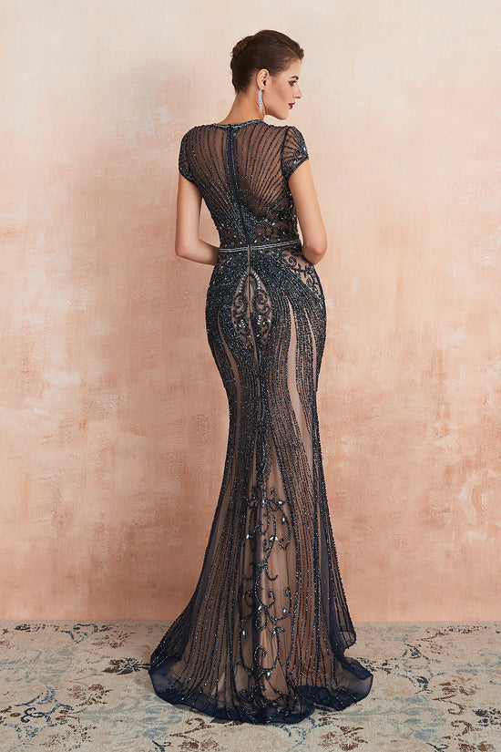 Elegant Long Mermaid Jewel Beading Tulle Evening Dress-BIZTUNNEL
