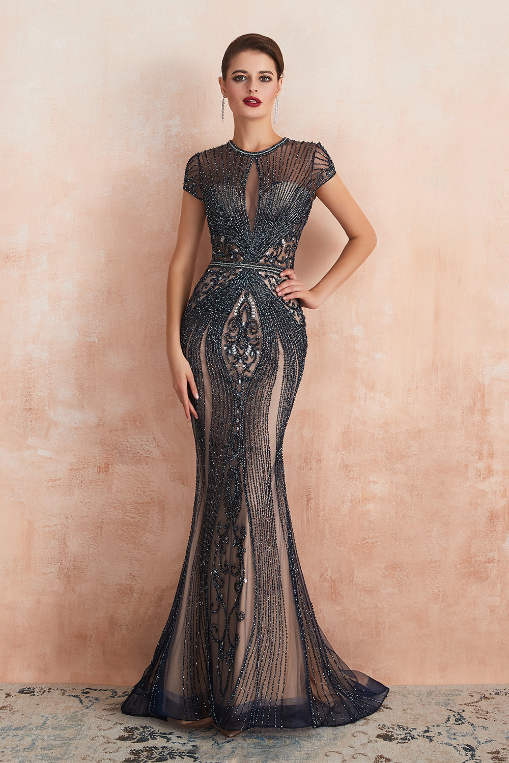 Elegant Long Mermaid Jewel Beading Tulle Evening Dress-BIZTUNNEL