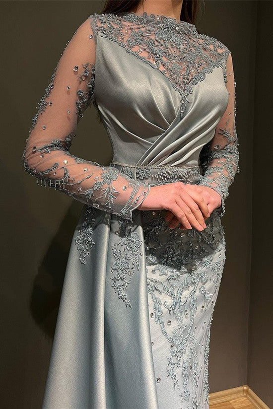Cargar imagen en el visor de la Galería, Elegant Long Mermaid Jewel Satin Appliques Lace Beading Prom Dress with Sleeves-BIZTUNNEL
