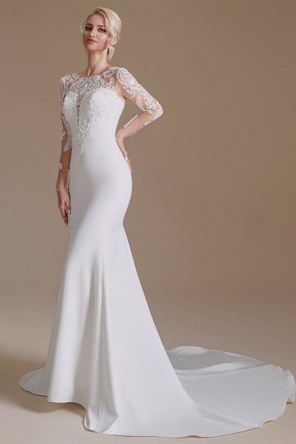 Laden Sie das Bild in den Galerie-Viewer, Elegant Long Mermaid Jewel Satin Lace Wedding Dress with Sleeves-BIZTUNNEL
