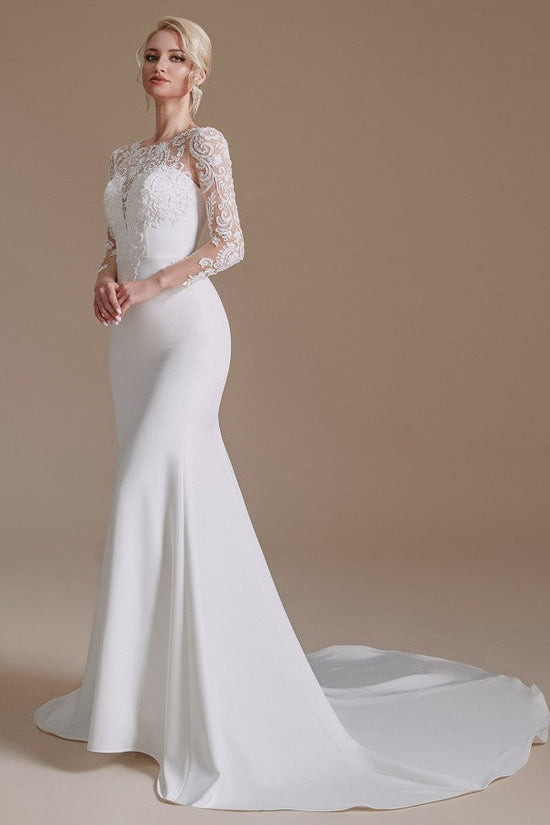 Laden Sie das Bild in den Galerie-Viewer, Elegant Long Mermaid Jewel Satin Lace Wedding Dress with Sleeves-BIZTUNNEL
