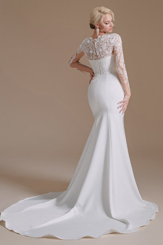 Load image into Gallery viewer, Elegant Long Mermaid Jewel Satin Lace Wedding Dress with Sleeves-BIZTUNNEL
