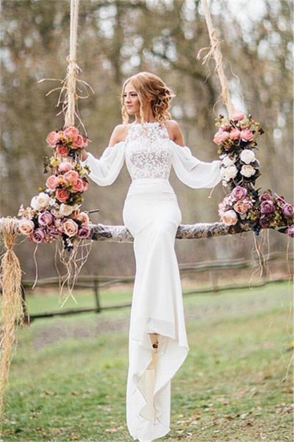 Elegant Long Mermaid Lace Chiffon Wedding Dress with Sleeves-BIZTUNNEL
