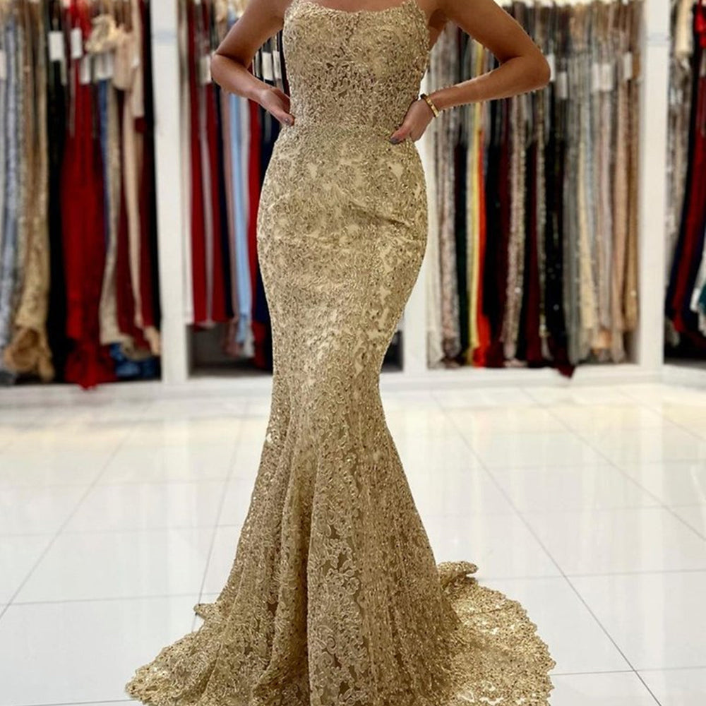 Elegant Long Mermaid Lace Open Back Graduation Prom Dresses โ BIZTUNNEL