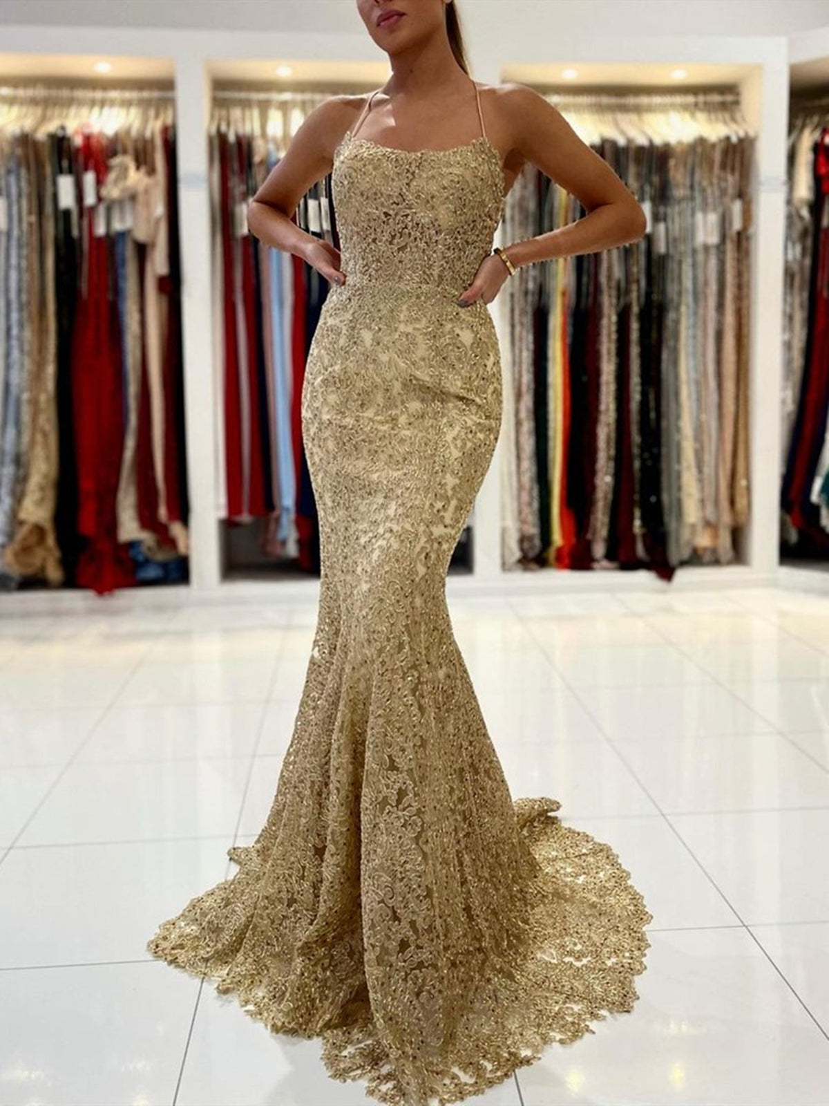 Elegant Long Mermaid Lace Open Back Graduation Prom Dresses-BIZTUNNEL