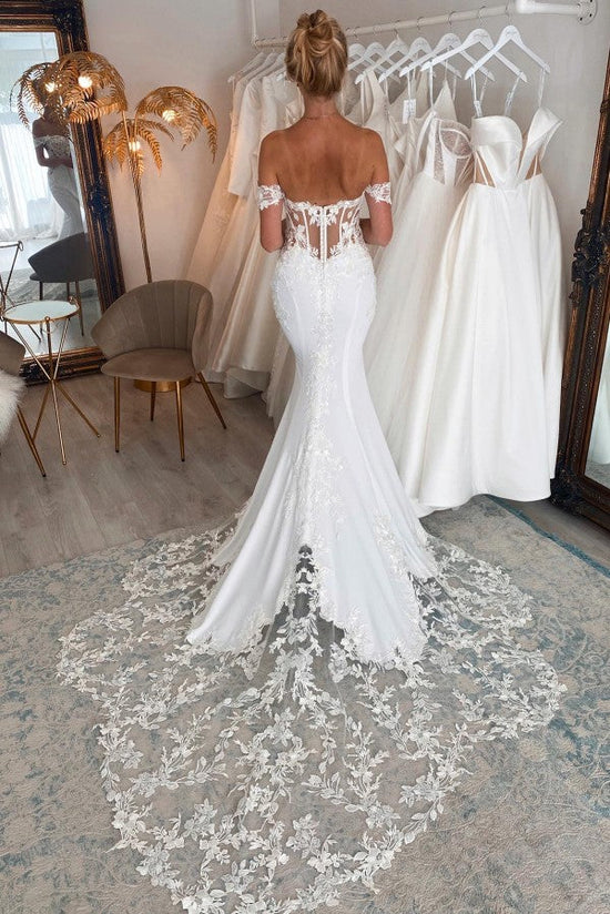 Elegant Long Mermaid Off-The-Shoulder Lace Wedding Dresses with Chapel Train-BIZTUNNEL