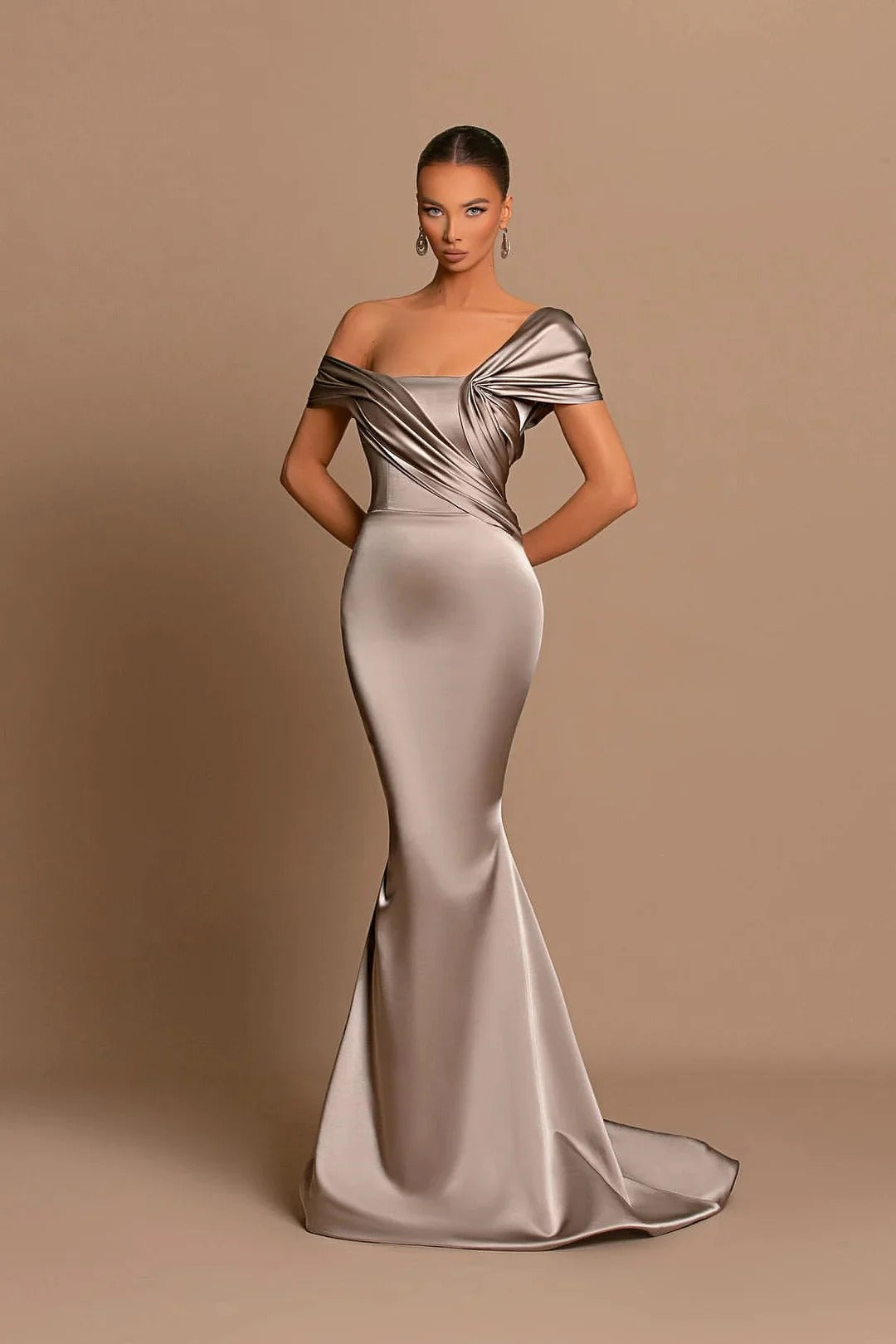 Elegant Long Mermaid Off-the-shoulder Satin Formal Prom Dresses-BIZTUNNEL