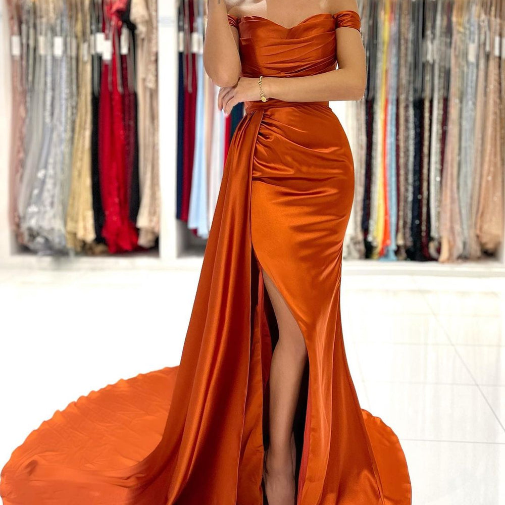 
                  
                    Elegant Long Mermaid Off-the-shoulder Stretch Satin Prom Dress with Slit-BIZTUNNEL
                  
                