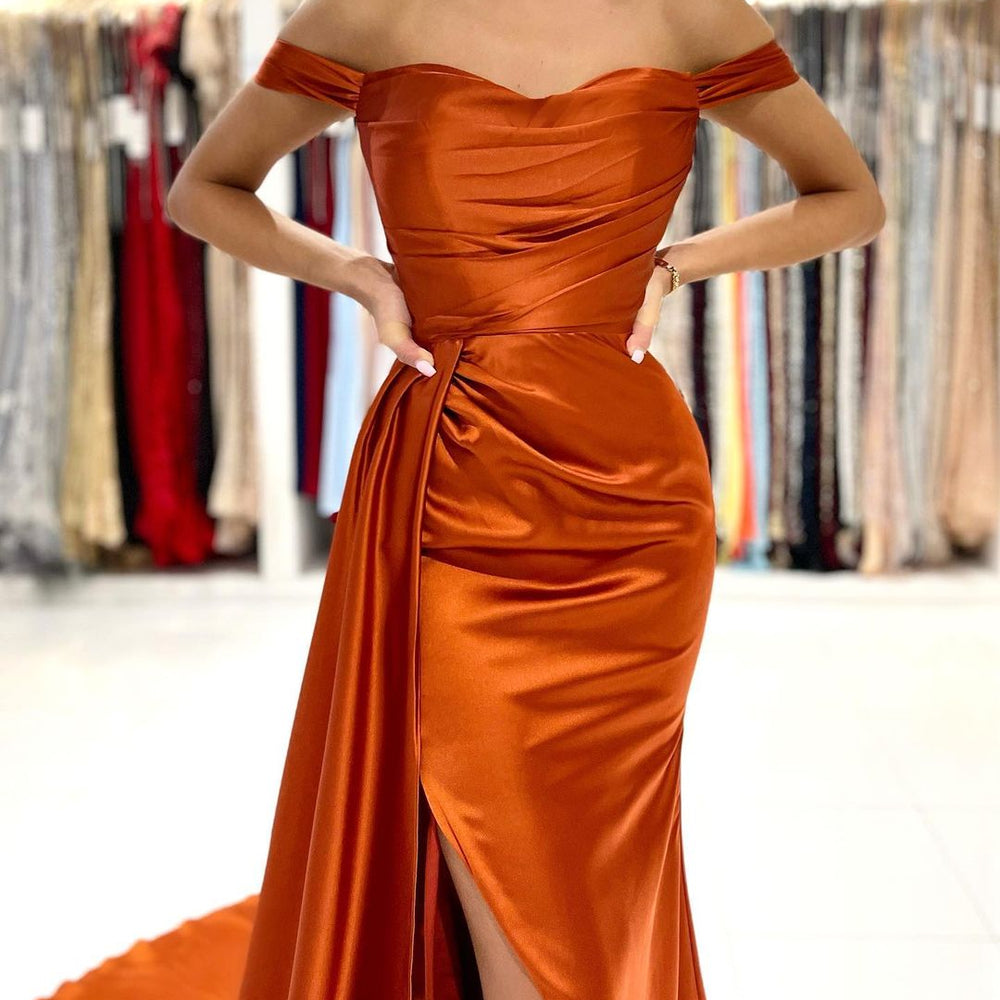 
                  
                    Elegant Long Mermaid Off-the-shoulder Stretch Satin Prom Dress with Slit-BIZTUNNEL
                  
                
