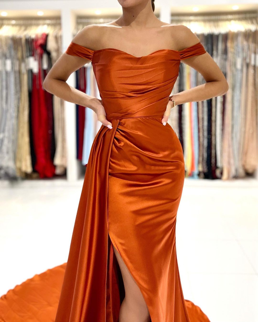 Elegant Long Mermaid Off-the-shoulder Stretch Satin Prom Dress with Slit Elegant Long Mermaid Off-the-shoulder Stretch Satin Prom Dress with Slit