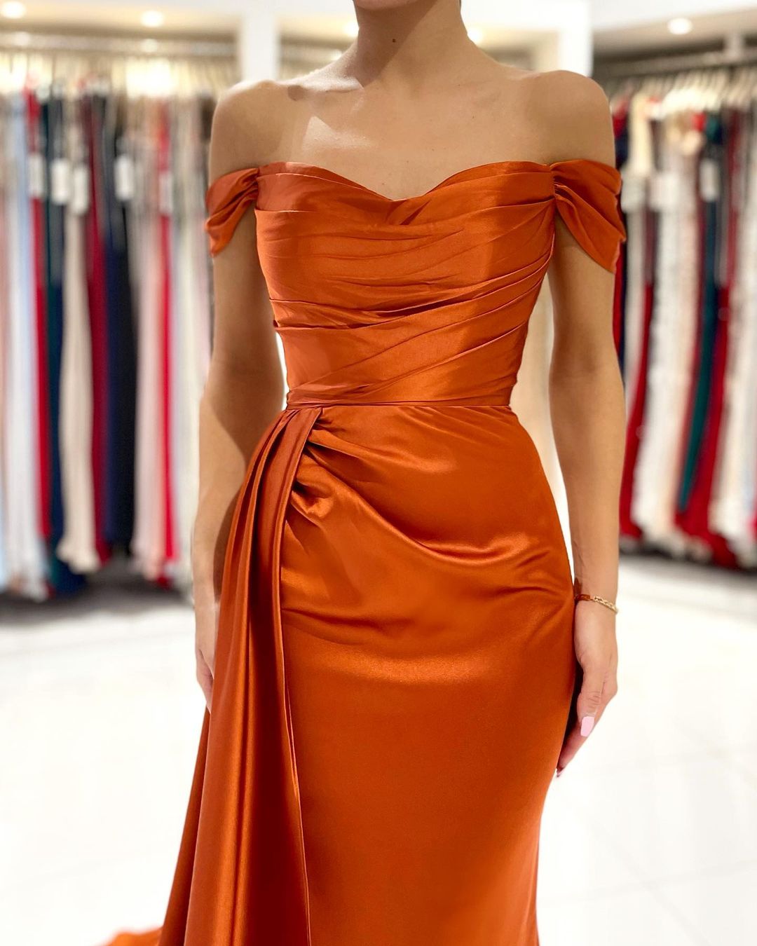 The Isolde Gown – Off-the-Shoulder Stretch Satin Fitted Wedding Dress main image 1