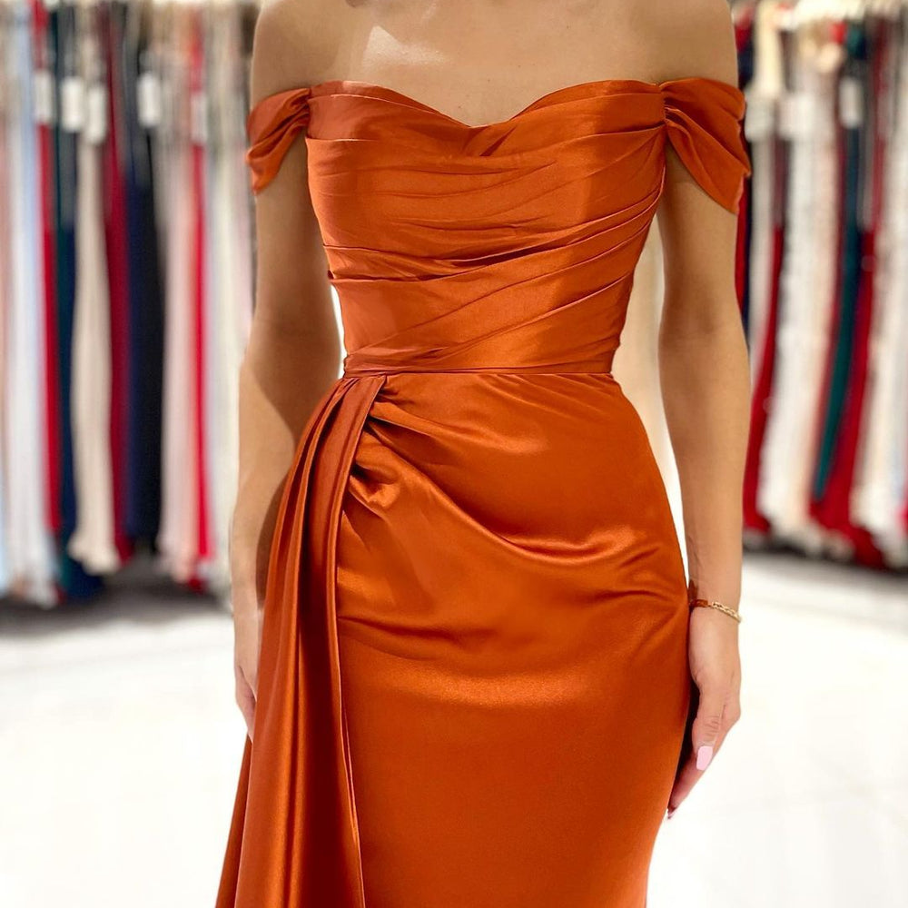 
                  
                    Elegant Long Mermaid Off-the-shoulder Stretch Satin Prom Dress with Slit-BIZTUNNEL
                  
                