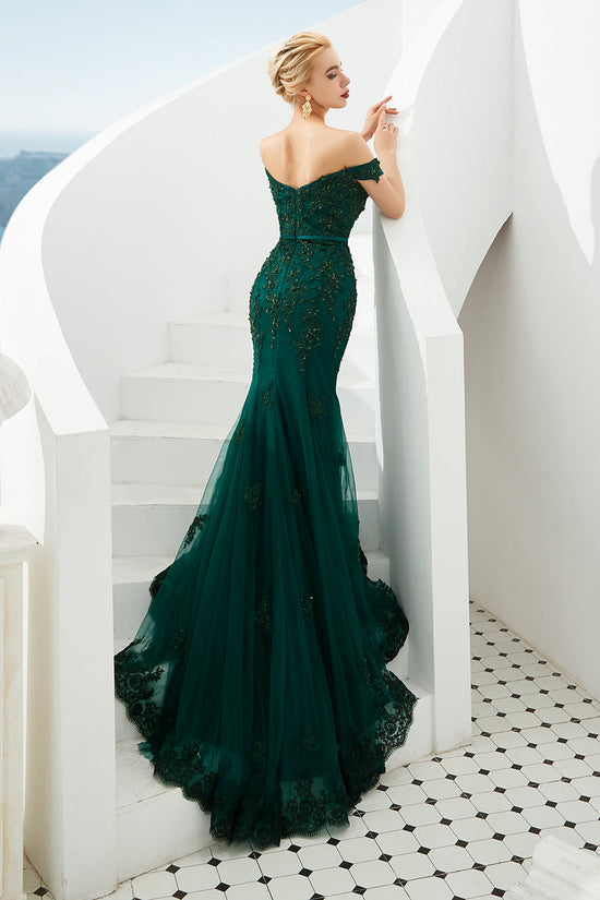 Elegant Long Mermaid Off-the-shoulder Tulle Lace Prom Dress-BIZTUNNEL