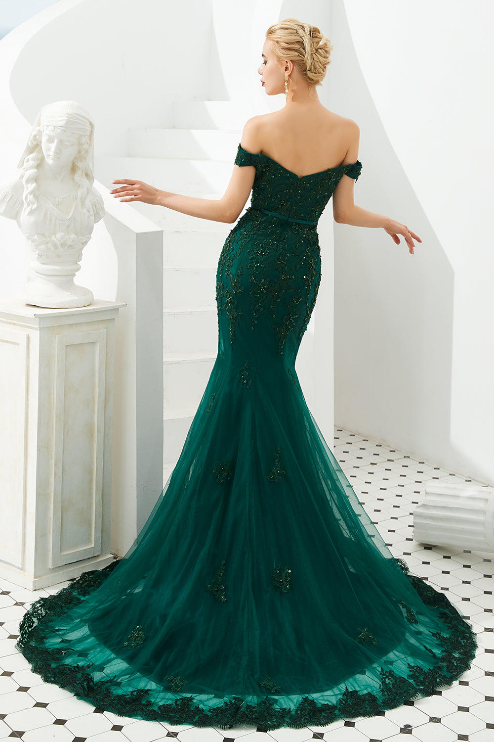 Cargar imagen en el visor de la Galería, Elegant Long Mermaid Off-the-shoulder Tulle Lace Prom Dress-BIZTUNNEL
