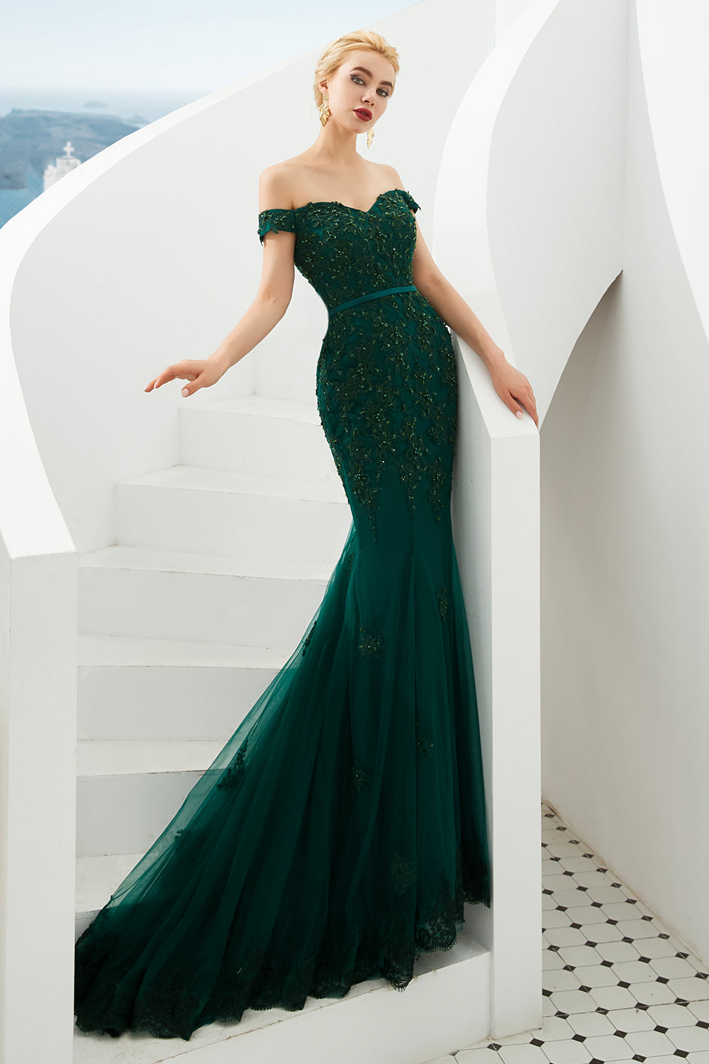 Cargar imagen en el visor de la Galería, Elegant Long Mermaid Off-the-shoulder Tulle Lace Prom Dress-BIZTUNNEL
