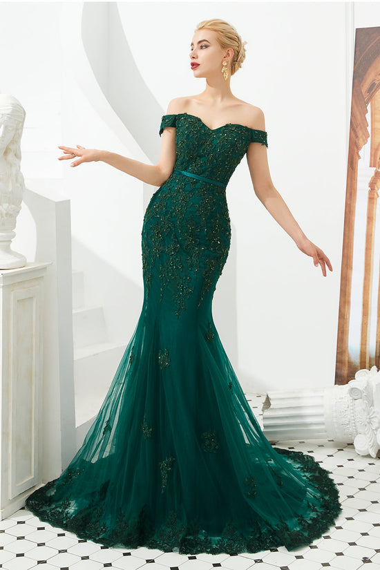 Carregar imagem no visualizador da galeria, Elegant Long Mermaid Off-the-shoulder Tulle Lace Prom Dress-BIZTUNNEL
