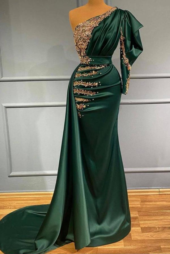 Elegant Long Mermaid One Shoulder Dark Green Prom Dress-BIZTUNNEL