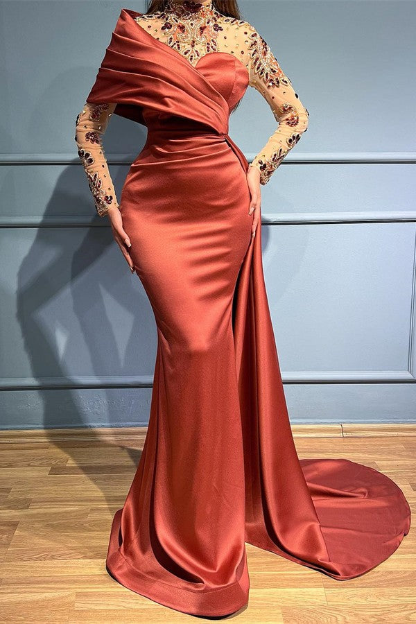 Elegant Long Mermaid One Shoulder Ruffles Satin Beading Lace Prom Dress with Sleeves-BIZTUNNEL