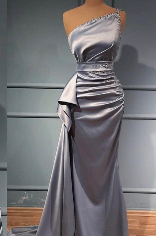 Elegant Long Mermaid One Shoulder Satin Glitter Prom Dress-BIZTUNNEL