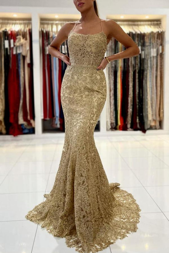 Elegant Long Mermaid Spaghetti Straps Backless Appliques Lace Prom Dress-BIZTUNNEL