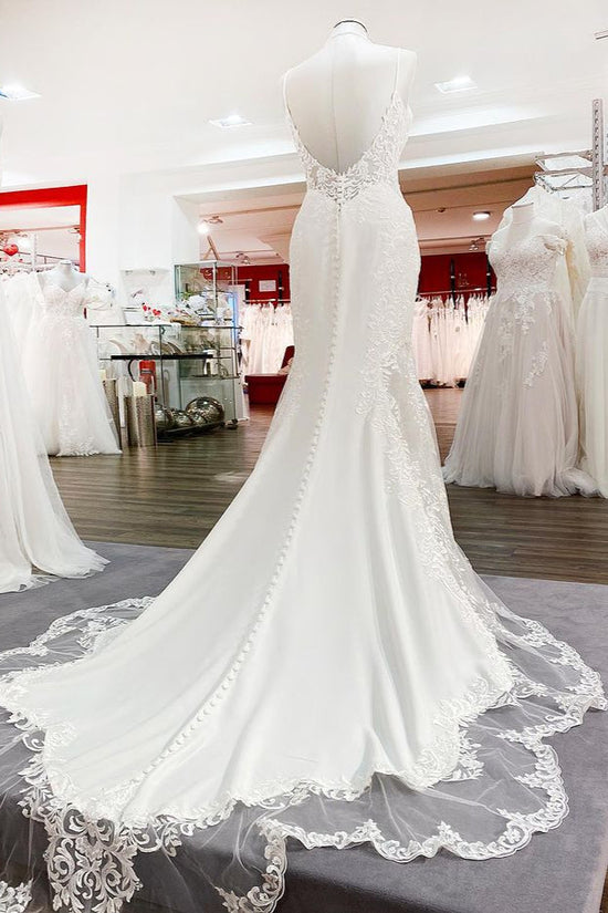 Elegant Long Mermaid Spaghetti Straps Lace Satin Open Back Wedding Dress-BIZTUNNEL