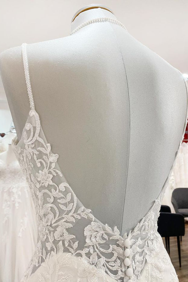 Elegant Long Mermaid Spaghetti Straps Lace Satin Open Back Wedding Dress-BIZTUNNEL