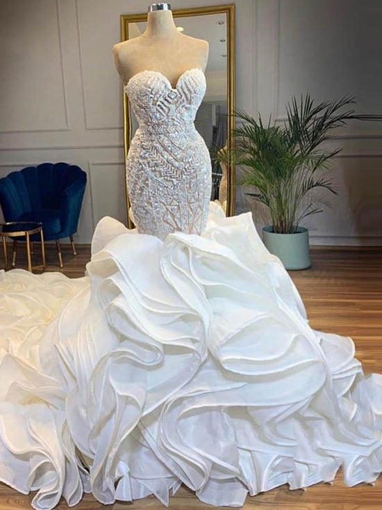 Elegant Long Mermaid Sweetheart Lace Up Crystal Wedding Dresses-BIZTUNNEL