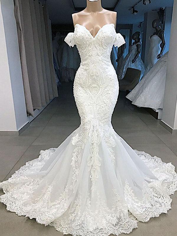 Elegant Long Mermaid Sweetheart Lace Wedding Dresses with Sleeves-BIZTUNNEL