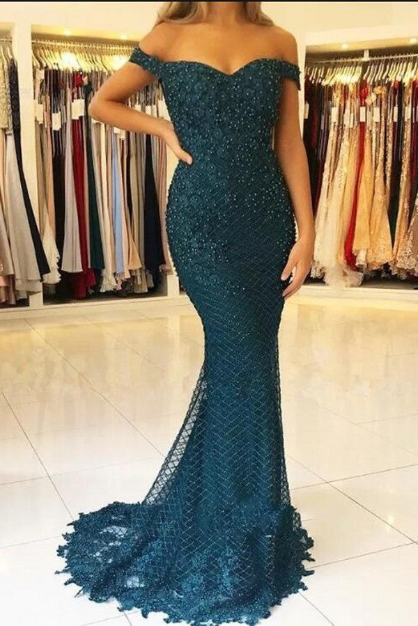 Elegant Long Mermaid Sweetheart Off-the-shoulder Tulle Prom Dress-BIZTUNNEL