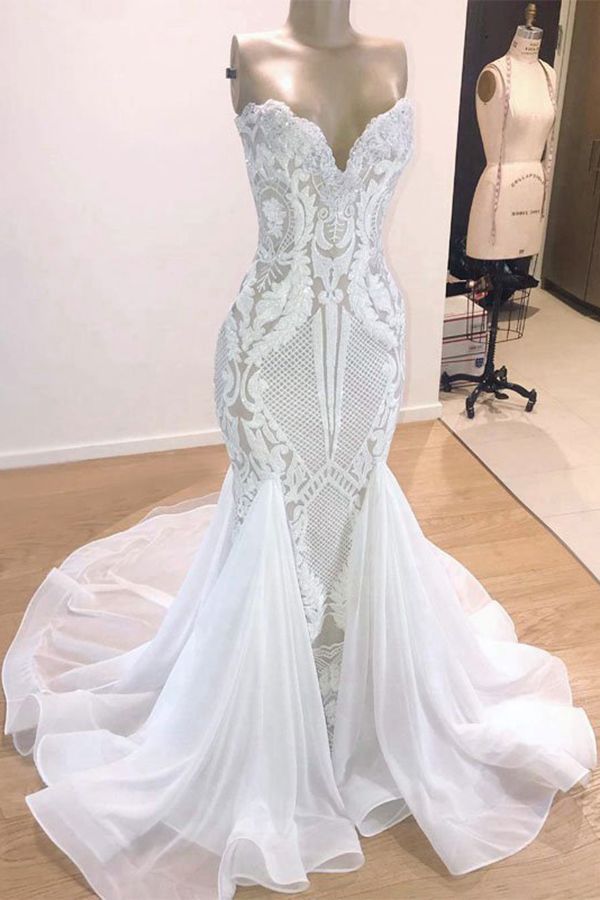 Elegant Long Mermaid Sweetheart Sequins Wedding Dress-BIZTUNNEL