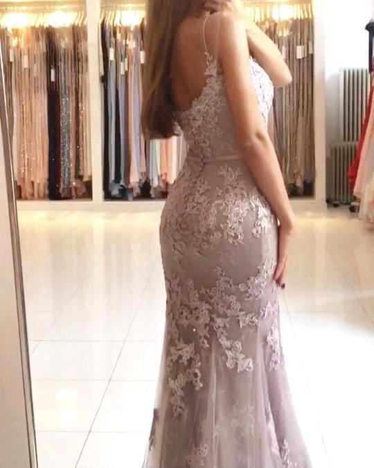 Elegant Long Mermaid Sweetheart Spaghetti-Straps Lace Appliques Prom Dress-BIZTUNNEL