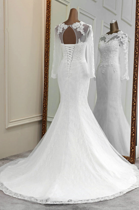 Long Pearl Trim Wedding Dress Classic Mermaid Tulle Gown