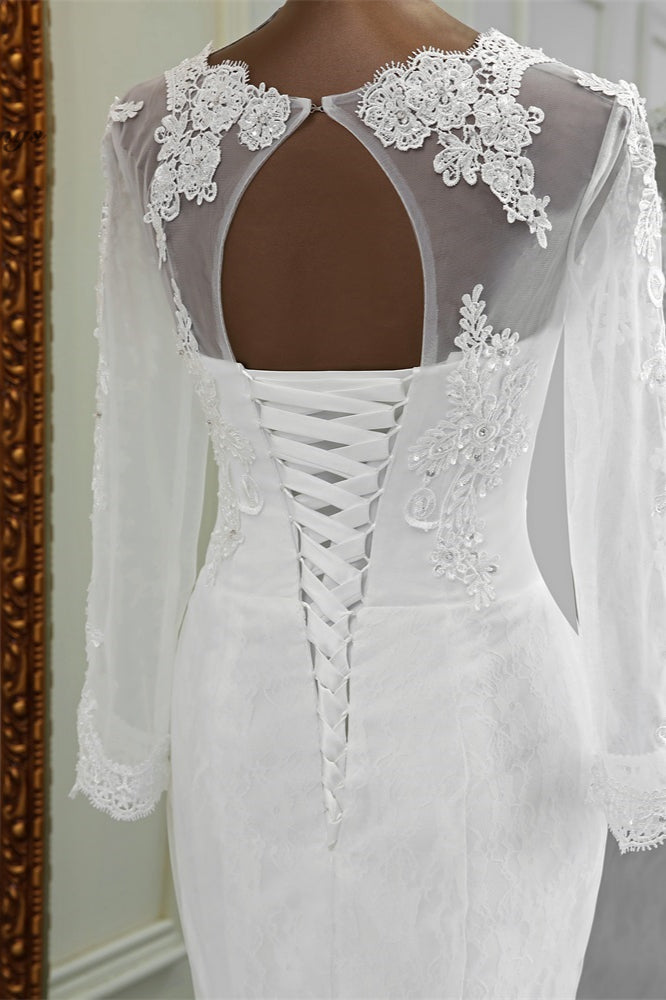 Elegant Long Mermaid Tulle Jewel Wedding Dress with Sleeves-BIZTUNNEL