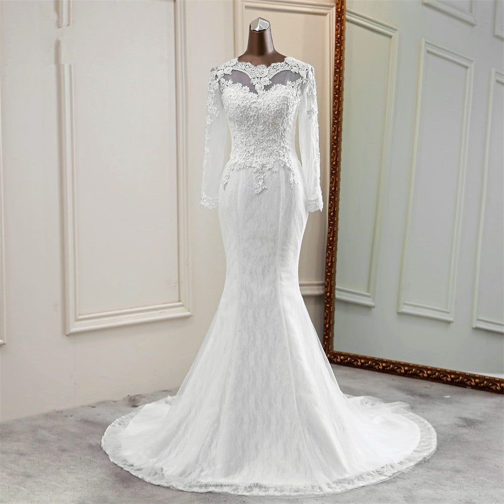 Elegant Long Mermaid Tulle Jewel Wedding Dress with Sleeves  BIZTUNNEL