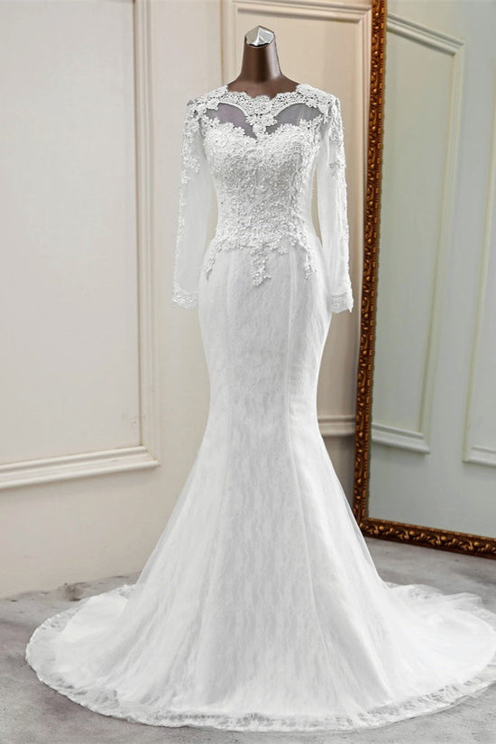 Elegant Long Mermaid Tulle Jewel Wedding Dress with Sleeves-BIZTUNNEL