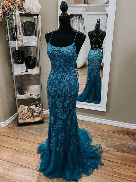 Elegant Long Mermaid Tulle Open Back Lace Formal Prom Dresses-BIZTUNNEL